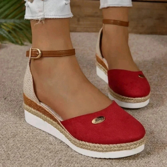 Women's Plus Size Faux Suede Color Block Round Toe Espadrilles With Elegant Wedg - Picture 4 of 7